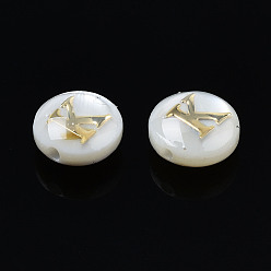 Letter K Natural Freshwater Shell Beads, with Golden Plated Brass Etched Metal Embellishments, Flat Round with Letter, Seashell Color, Letter.K, 6x4mm, Hole: 0.8mm