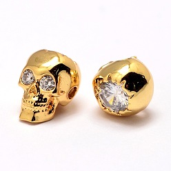 Real 18K Gold Plated Brass Beads, Micro Pave Grade AAA Cubic Zirconia, Skull, Cadmium Free & Nickel Free & Lead Free, Real 18K Gold Plated, 12.5x9x10mm, Hole: 2mm