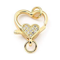 Real 18K Gold Plated Brass Micro Pave Clear Cubic Zirconia Heart Lobster Claw Clasps, with Double Jump Rings, Cadmium Free & Lead Free, Real 18K Gold Plated, 21mm, Hole: 3.5mm