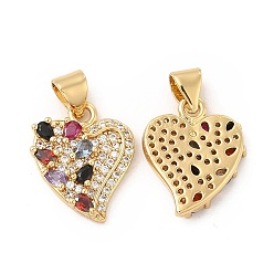 Colorful Brass Micro Pave Cubic Zirconia Pendants, Heart Charm, Golden, Colorful, 16.5x13.5x3mm, Hole: 4.5x3mm