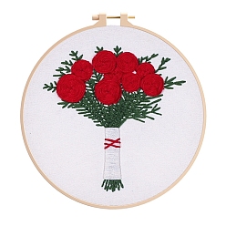 Red Flower Pattern DIY Embroidery Kit, including Embroidery Needles & Thread, Cotton Cloth, Red, 210x210mm