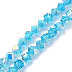 Light Blue Electroplate Transparent Glass Beads Strands, Faceted, AB Color Plated, Cube, Light Blue, 9x8.5x8.5mm, Hole: 1.4mm, about 72pcs/strand, 24.80''(63cm)