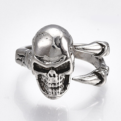 Antique Silver Alloy Cuff Finger Rings, Wide Band Rings, Skull, Antique Silver, Size 9, 19mm