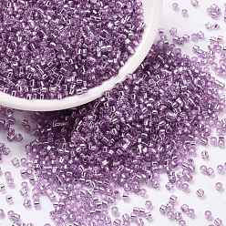 Violeta Oscura Perlas de semillas cilíndricas, plata forrada, agujero redondo, tamaño uniforme, violeta oscuro, 2x1.5 mm, agujero: 0.8 mm, sobre 40000 unidades / bolsa, sobre 450 g / bolsa