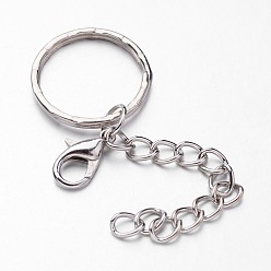 Platinum Iron Split Key Rings, with Zinc Alloy Lobster Claw Clasps and Curb Chains, Platinum, 41mm