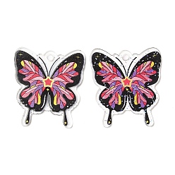 Hot Pink Transparent Acrylic Pendants, with Glitter Powder, Butterfly, Hot Pink, 37.5x33.5x1.5mm, Hole: 2.8mm