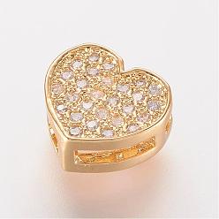 Golden Brass Micro Pave Cubic Zirconia Slide Charms, Heart, Golden, 7.5x8x3.5mm, Hole: 1x2~4.5mm