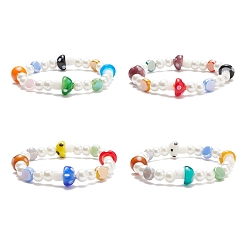 Mixed Color Lampwork Mushroom & Glass Pearl Beaded Stretch Bracelet for Kids, Mixed Color, Inner Diameter: 1-7/8 inch(4.9~5cm)