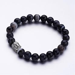 Black Natural Agate Beaded Stretch Bracelets, with Tibetan Style Alloy Buddha Head Beads, Antique Silver, Black, 2 inch(50mm)