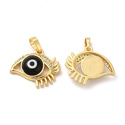 Black Rack Plating Brass Micro Pave Clear Cubic Zirconia Pendants, with Handmade Evil Eye Lampwork, Cadmium Free & Lead Free, Long-Lasting Real 18K Gold Plated, Eye Charm, Black, 17x19.5x5mm, Hole: 6x3mm