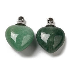 Green Aventurine Natural Green Aventurine Perfume Bottle Pendants, Heart Charms with Stainless Steel Color Plated 304 Stainless Steel Findings, 28x20x12mm, Hole: 2mm
