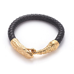 Golden Retro Leather Cord Bracelets, with 304 Stainless Steel Hook Clasps, Snake, Golden, 8-1/8 inch~8-1/4 inch(20.5~21cm), 8mm