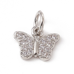Platinum Brass Micro Pave Clear Cubic Zirconia Butterfly Charms, with Open Jump Rings, Platinum, 7.5x10x1.5mm, Ring: 5x0.8mm, Hole: 3mm