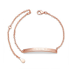 Rose Gold SHEGRACE Brass Inspirational ID Bracelets, with Cable Chains, Rectangle with Word Your Smile Make Me Happy, Rose Gold, 6-1/2 inch(16.5cm)
