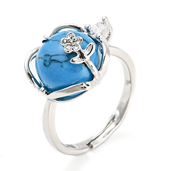 Синтетическая Бирюза Регулируемое кольцо круглой формы с синей синтетической бирюзой и цветком, платиновое латунное кольцо с хрустальными стразами, внутренний диаметр: 18 мм