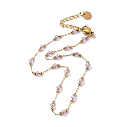 Lilac Glass Round Beaded Link Chain Necklace, Golden 304 Stainless Steel Jewelry for Women, Lilac, 9.84 inch(25cm), Extension Chain: 4.5cm