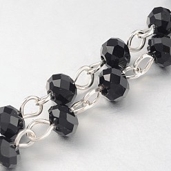 Noir Chaînes de perles de verre rondelles faites main pour colliers fabrication de bracelets, avec épingle à oeil en fer, non soudée, couleur argent plaqué, noir, 39.3 pouce, Environ 92 pcs/chapelet