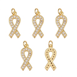 Real 18K Gold Plated 5Pcs Brass Micro Pave Clear Cubic Zirconia Pendants, with Jump Ring, Long-Lasting Plated, Awareness Ribbon Shape, Real 18K Gold Plated, 21x9x2mm, Jump Rings: 5x1mm, 3mm Inner Diameter