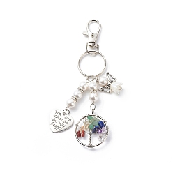 Platinum Chakra Tree Of Life Natural/Synthetic Mixed Stone Pendant Keychain, with Pearl Angel Charms and Heart with Word Charms for Woman Man, Platinum, 8.9cm