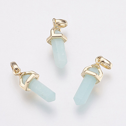 Amazonite Brass Natural Amazonite Double Terminated Pointed Pendants, Bullet, Golden, 17~20x7x6.5mm, Hole: 2x4mm