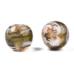 Olive Handmade Gold Sand Lampwork Beads, Round, Olive, 9~10x8~10mm, Hole: 1.6mm