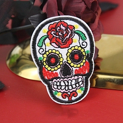 White Sugar Skull Computerized Embroidery Style Cloth Iron on/Sew on Patches, Appliques, Badges, for Clothes, Dress, Hat, Jeans, DIY Decorations, for Mexico Day of the Dead, White, 73x54mm