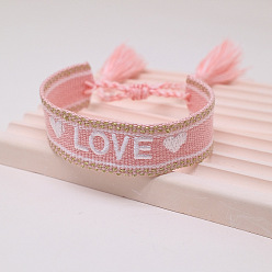 Pink Bracelet cordon polyester style ethnique bohème, bracelet réglable mot amour avec breloques pompon, rose, 9-1/2 pouce (24 cm)