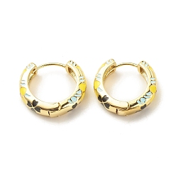 Gold Flower Enamel Hoop Earrings, Gold Plated Brass Hinged Earrings for Women, Gold, 20x22x5mm, Pin: 0.9mm