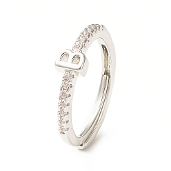 Letter B Clear Cubic Zirconia Initial Letter Adjustable Ring, Platinum Brass Jewelry for Women, Letter.B, Inner Diameter: 18mm