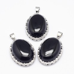 Agate Noire Pendentifs en agate noire naturelles, avec les accessoires en laiton, ovale, teint, platine, 30x21x10~11mm, Trou: 6x4mm