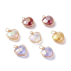 Mixed Color Electroplate Glass Pendants, with Copper Finding, AB Color, Faceted Heart, Golden, Mixed Color, 14x10.5x5.5mm, Hole: 1.8~2.5mm
