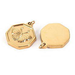 Real 14K Gold Plated 316 Surgical Stainless Steel Pendants, with Jump Rings, Hexagon with Butterfly, Real 14K Gold Plated, 18x15x2.5mm, Jump Ring: 3.8x0.5mm, 2.8mm inner diameter