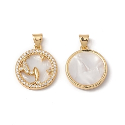 Pisces Rack Plating Brass Shell Pendants, with Cubic Zirconia & Natural Shell, Flat Round with Constellation Charms, Cadmium Free & Lead Free, Long-Lasting Plated, Real 18K Gold Plated, Pisces, 19x16x3mm, Hole: 4x3.5mm