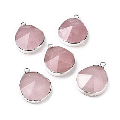 Quartz Rose Naturel a augmenté pendentifs en quartz, avec les accessoires en laiton, facette, goutte , argenterie, 31~35x20~25x7~9mm, Trou: 2.5mm