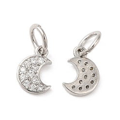 Platinum Rack Plating Brass Pave Clear Cubic Zirconia Moon Charms with Jump Ring, Long-Lasting Plated, Lead Free & Cadmium Free, Platinum, 9.5x7x1.5mm, Hole: 4mm