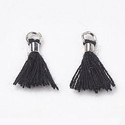Black Polycotton(Polyester Cotton) Tassel Pendant Decorations, Mini Tassel, with Brass Findings, Platinum, Black, 10~15x3~4mm, Hole: 2mm