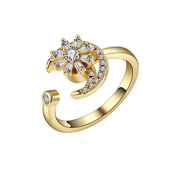 Oro Anillo giratorio de circonita cúbica de latón con apertura ajustable., anillos del manguito, flor con luna, dorado, 11 mm
