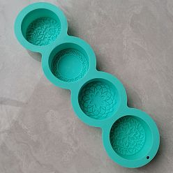 Turquoise Moules en silicone de savon de bricolage, pour la fabrication de savons artisanaux, plat rond avec motif floral, 4 cavités, turquoise, 325x91x30mm, diamètre intérieur: 68x27 mm