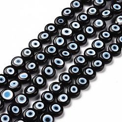 Negro Hechos a mano de cristal de murano mal de ojo planas hebras de perlas redondas, negro, 8x3.2 mm, agujero: 1 mm, sobre 49 unidades / cadena, 14.56 pulgada
