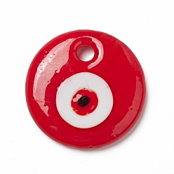 Red Handmade Evil Eye Lampwork Pendants, Flat Round Charms, Red, 30x5.5mm, Hole: 4mm