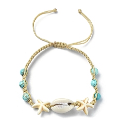 Turquoise Synthétique Bracelet en coquillage naturel et perles synthétiques tressées turquoise, bracelet réglable étoile de mer, diamètre intérieur: 2-3/8~4 pouce (6~10 cm)