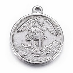 Stainless Steel Color 304 Stainless Steel Pendants, Flat Round with Archangel Michael, Stainless Steel Color, 24x20.5x3mm, Hole: 2mm
