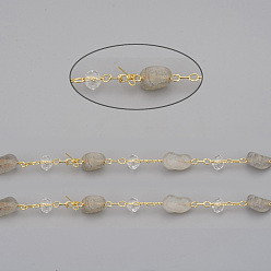 Labradorite Chaînes de perles labradorites naturelles faites à la main, avec perles de verre rondelles et chaînes forçat en laiton, plaqué longue durée, non soudée, avec bobine, nuggets, or, lien: 2x1.5x0.3 mm, pierres fines perles: 6~12x6~6.5x4~4.5 mm, perles de verre: 4x3 mm, environ 32.8 pieds (10 m)/rouleau