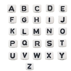 Negro Abalorios de acrílico opacos, blanco, cubo con alfabeto, letra a Z ~, negro, 6x6x6 mm