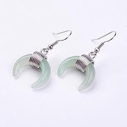 Green Aventurine Natural Green Aventurine Dangle Earrings, with Platinum Plated Brass Findings, Double Horn/Crescent Moon, 40mm, Pin: 0.6mm