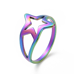 Rainbow Color Ion Plating(IP) 201 Stainless Steel Star Finger Ring, Hollow Wide Ring for Women, Rainbow Color, US Size 6 1/2(16.9mm)