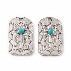 Antique Silver Synthetic Turquoise Half Round Pendants, Rectangle Charms, with Rack Plating Alloy Findings, Antique Silver, 30x18x4mm, Hole: 3mm