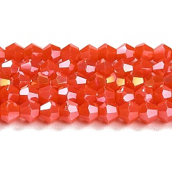 Оранжево-Красный Непрозрачные однотонные гальванические стеклянные бусины, с покрытием AB цвета, граненые, двухконусные, оранжево-красный, 4x4 мм, отверстие : 0.8 мм, около 87~98 шт / нитка, 12.76~14.61 дюйм (32.4~37.1 см)