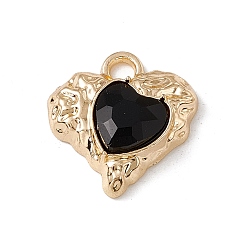 Black Alloy Pendants, with Glass, Golden, Heart Charm, Black, 18x17x5.5mm, Hole: 2.5mm