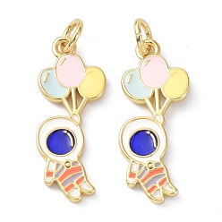 Colorful Eco-Friendly Brass Enamel Pendant, with Jump Rings, Long-Lasting Plated, Real 18K Gold Plated, Astronauts and Balloons, Colorful, 24x10x2mm, Hole: 3.4mm